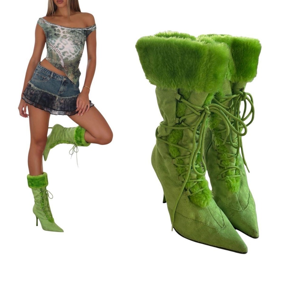 RARE GRAIL 90'S VTG. SPLASH LACE UP FUR POINTED TOE BOOTS 8.5 EUC - Picture 3 of 7